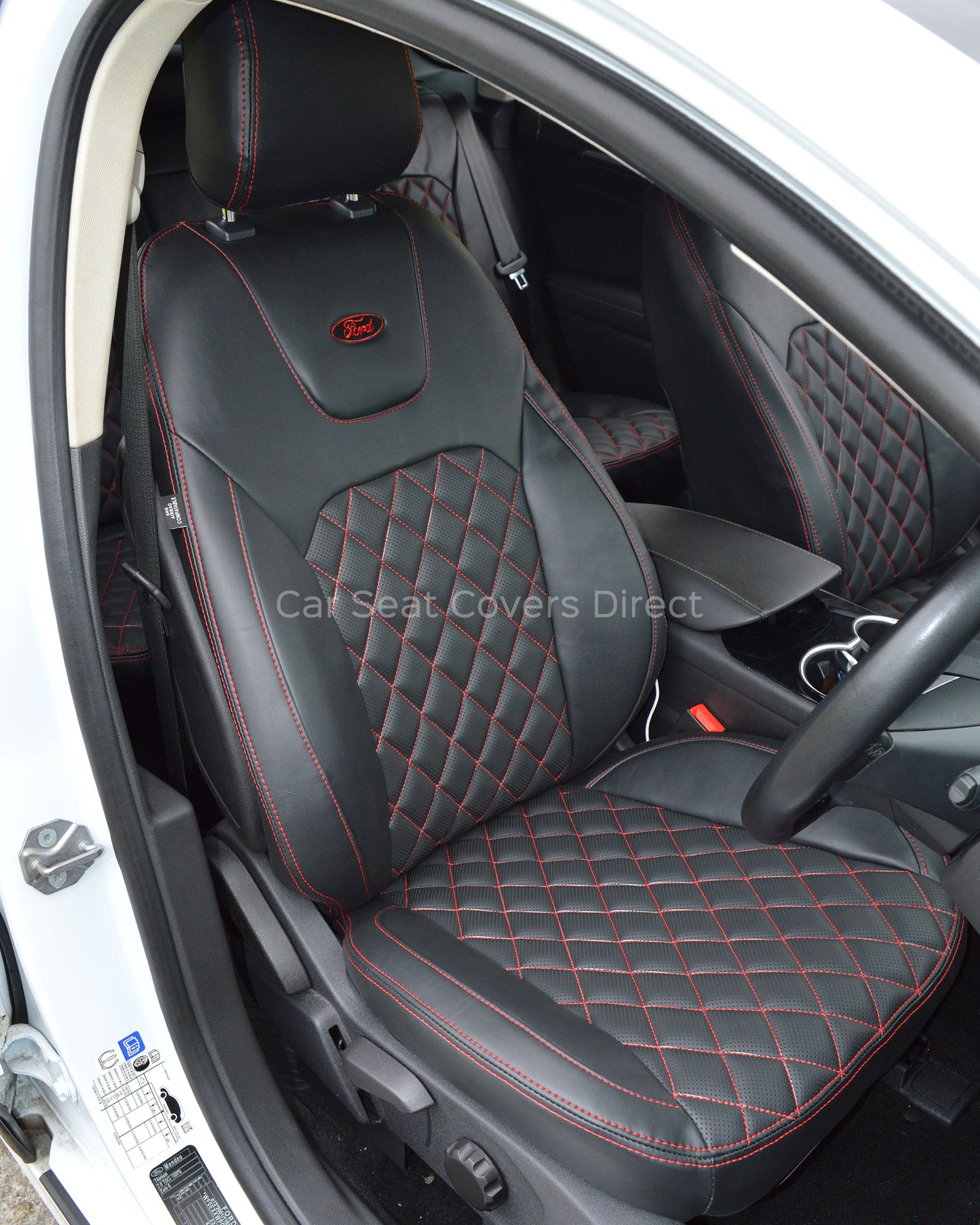 Ford Mondeo Tailored Seat Covers - Black Leatherette Diamonds, Red Stitching and Logos