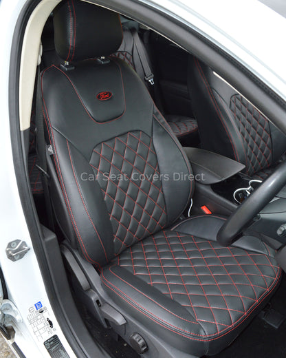 Ford Mondeo Tailored Seat Covers - Black Leatherette Diamonds, Red Stitching and Logos