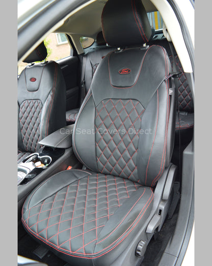 Ford Mondeo Tailored Seat Covers - Black Leatherette Diamonds, Red Stitching and Logos