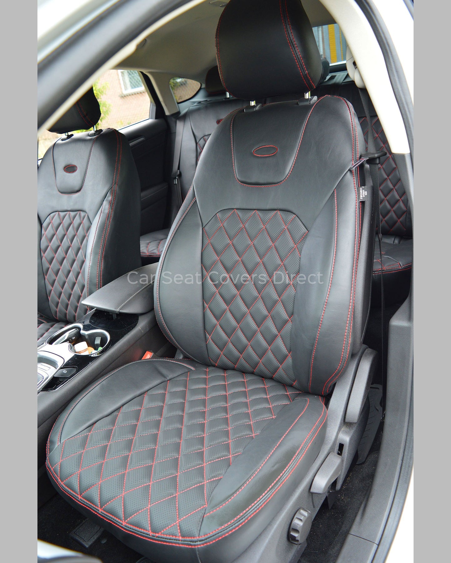 Ford Mondeo Tailored Seat Covers - Black Leatherette Diamonds, Red Stitching and Logos