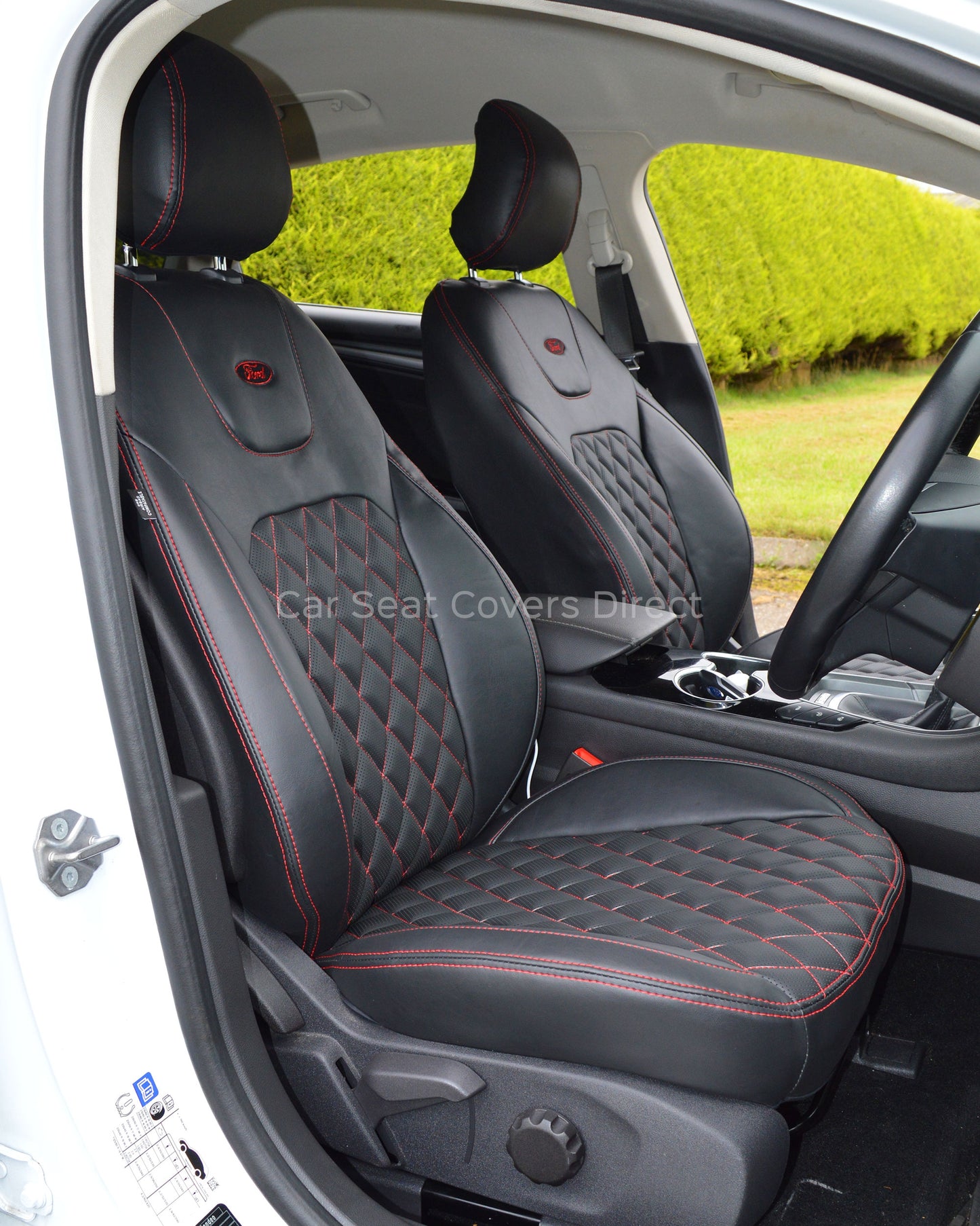 Ford Mondeo Tailored Seat Covers - Black Leatherette Diamonds, Red Stitching and Logos