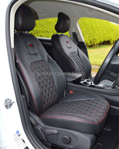 Ford Mondeo Tailored Seat Covers - Black Leatherette Diamonds, Red Stitching and Logos