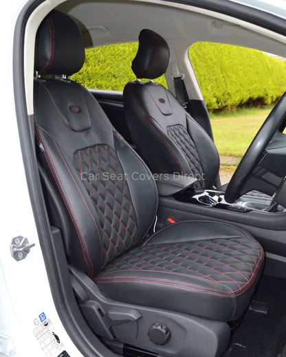 Ford Mondeo Tailored Seat Covers - Black Leatherette Diamonds, Red Stitching and Logos