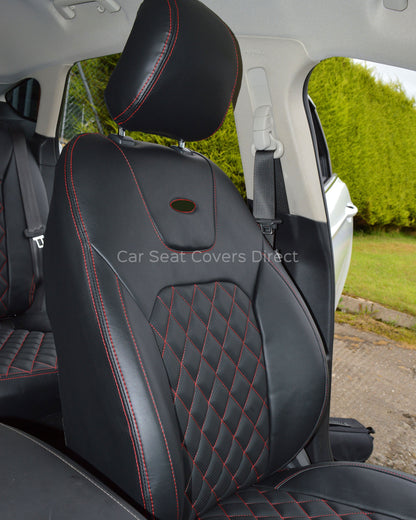 Ford Mondeo Tailored Seat Covers - Black Leatherette Diamonds, Red Stitching and Logos
