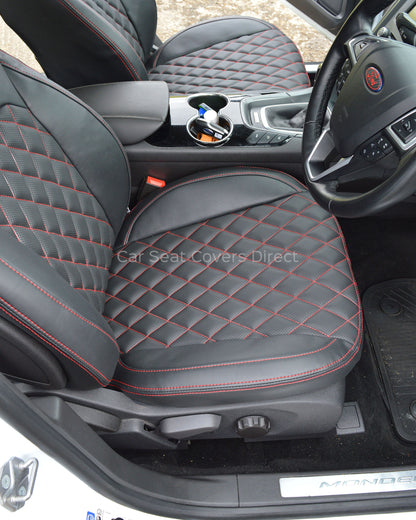 Ford Mondeo Tailored Seat Covers - Black Leatherette Diamonds, Red Stitching and Logos