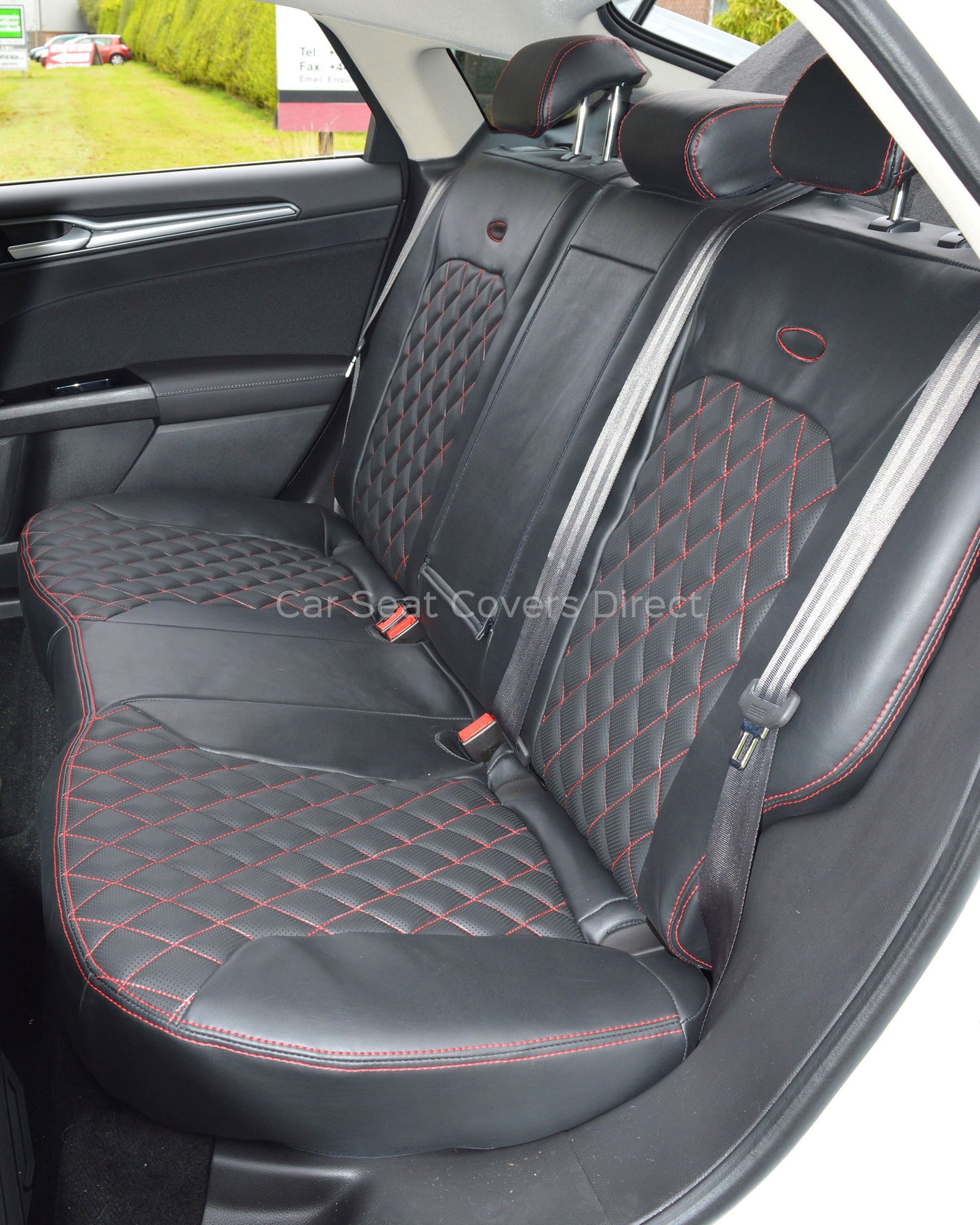 Ford Mondeo Tailored Seat Covers - Black Leatherette Diamonds, Red Stitching and Logos