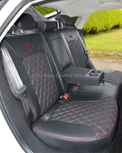 Ford Mondeo Tailored Seat Covers - Black Leatherette Diamonds, Red Stitching and Logos