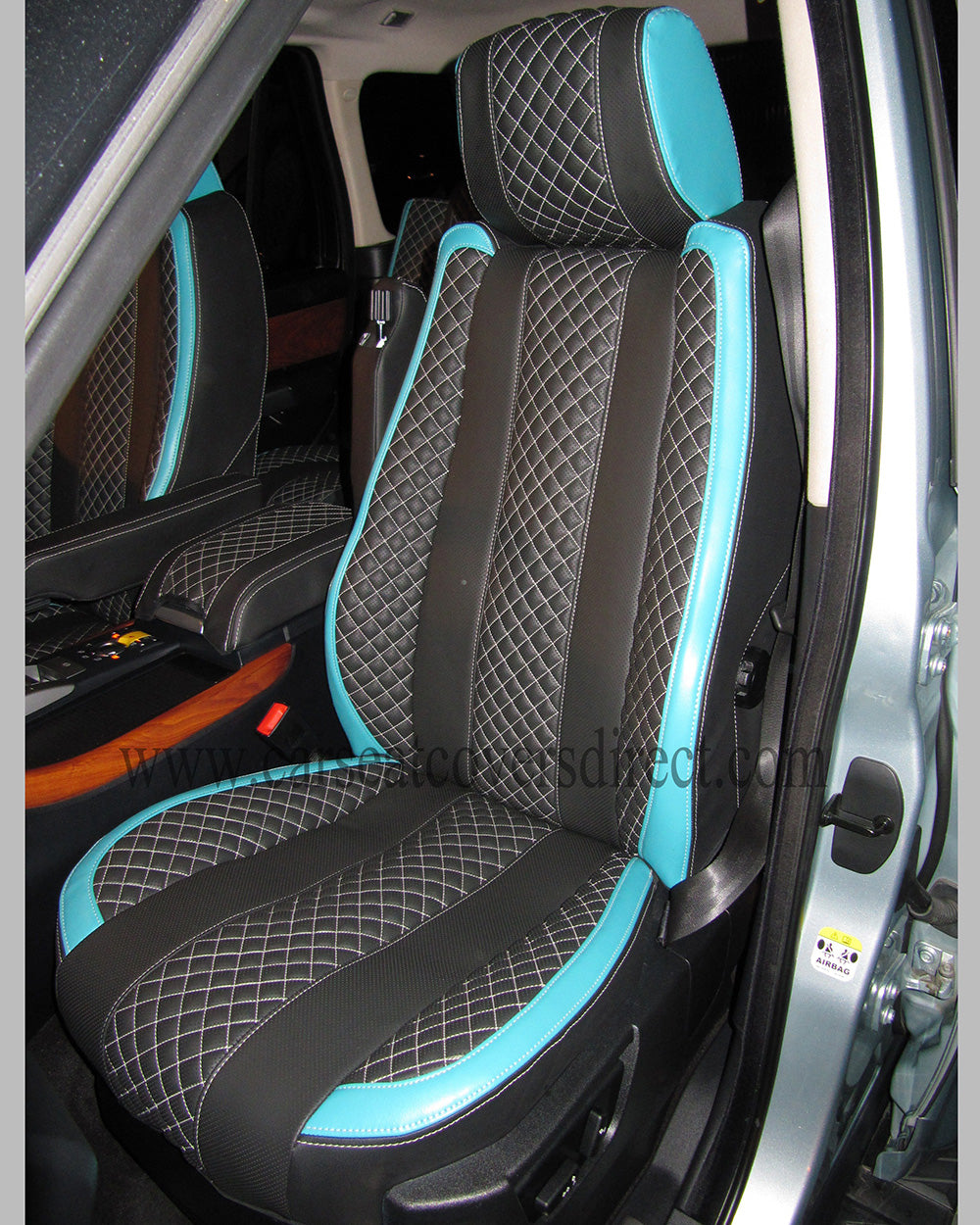 Range Rover Sport Seat Covers - Charcoal PVC with Sea Green Side Panels