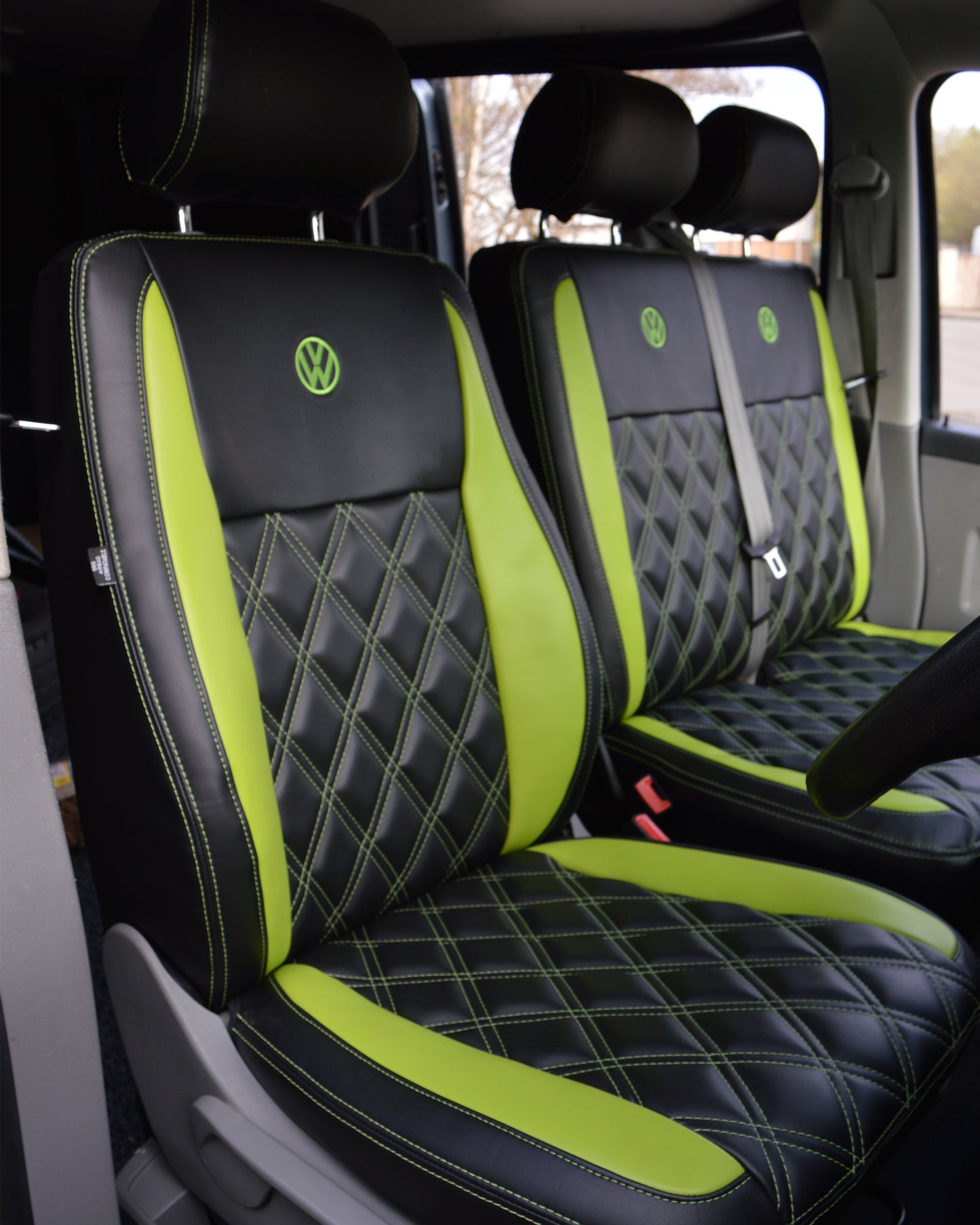 Volkswagen Transporter T5 Seat Covers - Black & Citrus Green Diamonds