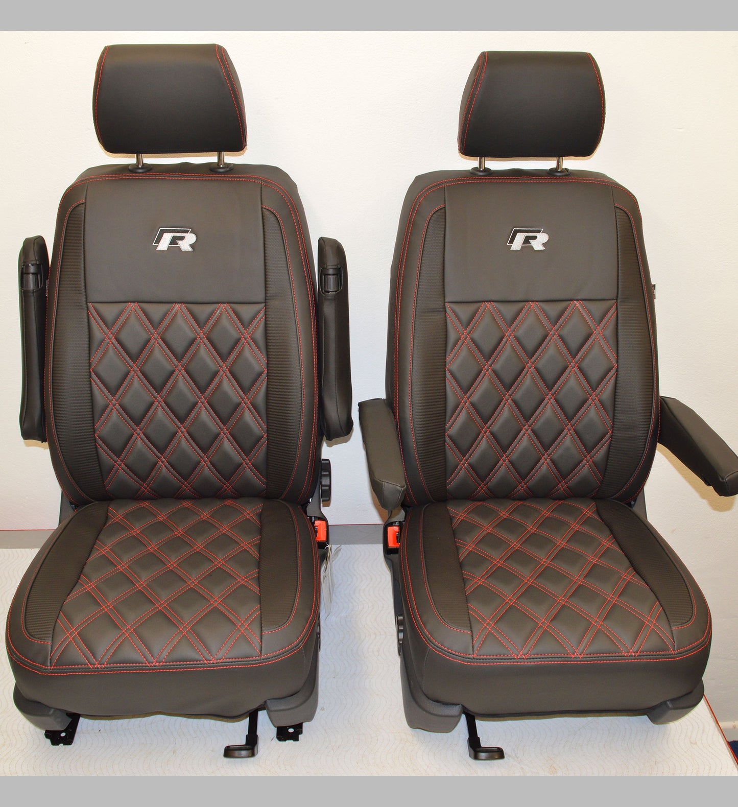 Volkswagen VW Transporter T6 R Line Tailored Van Seat Covers - Black & Carbon, Red Diamond Quilting
