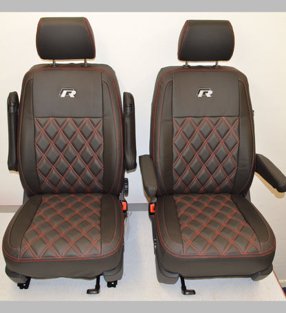 Volkswagen VW Transporter T6 R Line Tailored Van Seat Covers - Black & Carbon, Red Diamond Quilting