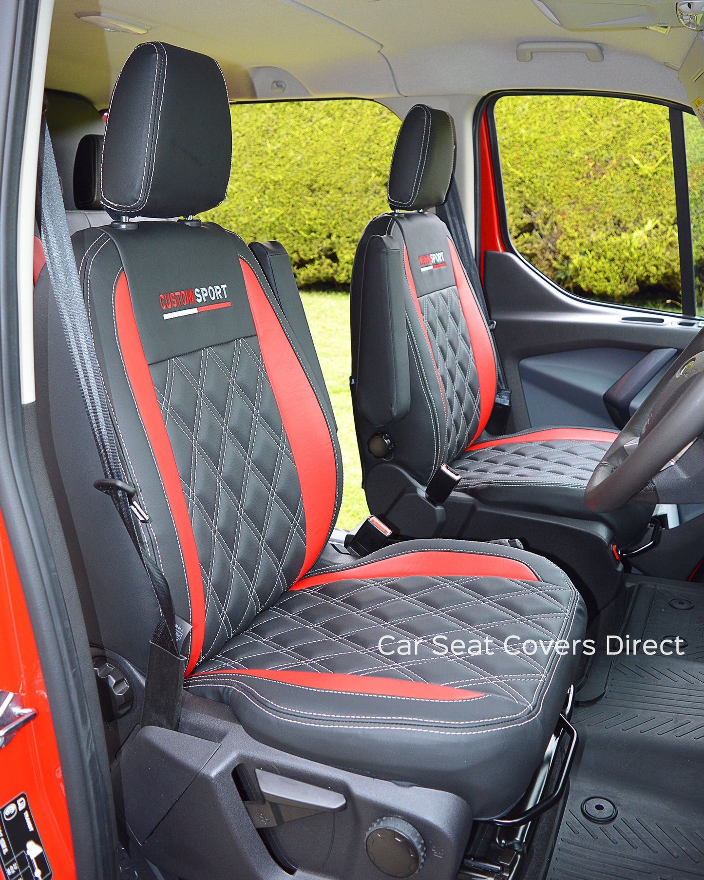 Ford Transit Sport Crewcab Tailored Seat Covers - Black & Red Leatherette Diamonds & Logos