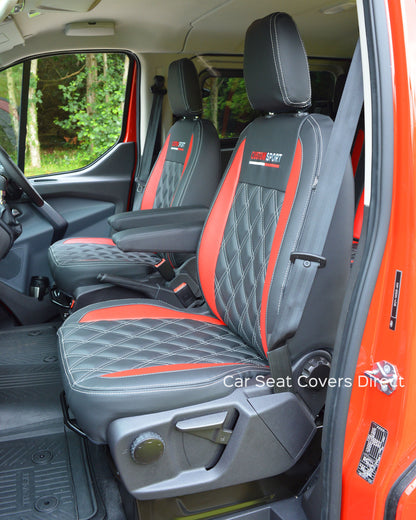 Ford Transit Sport Crewcab Tailored Seat Covers - Black & Red Leatherette Diamonds & Logos