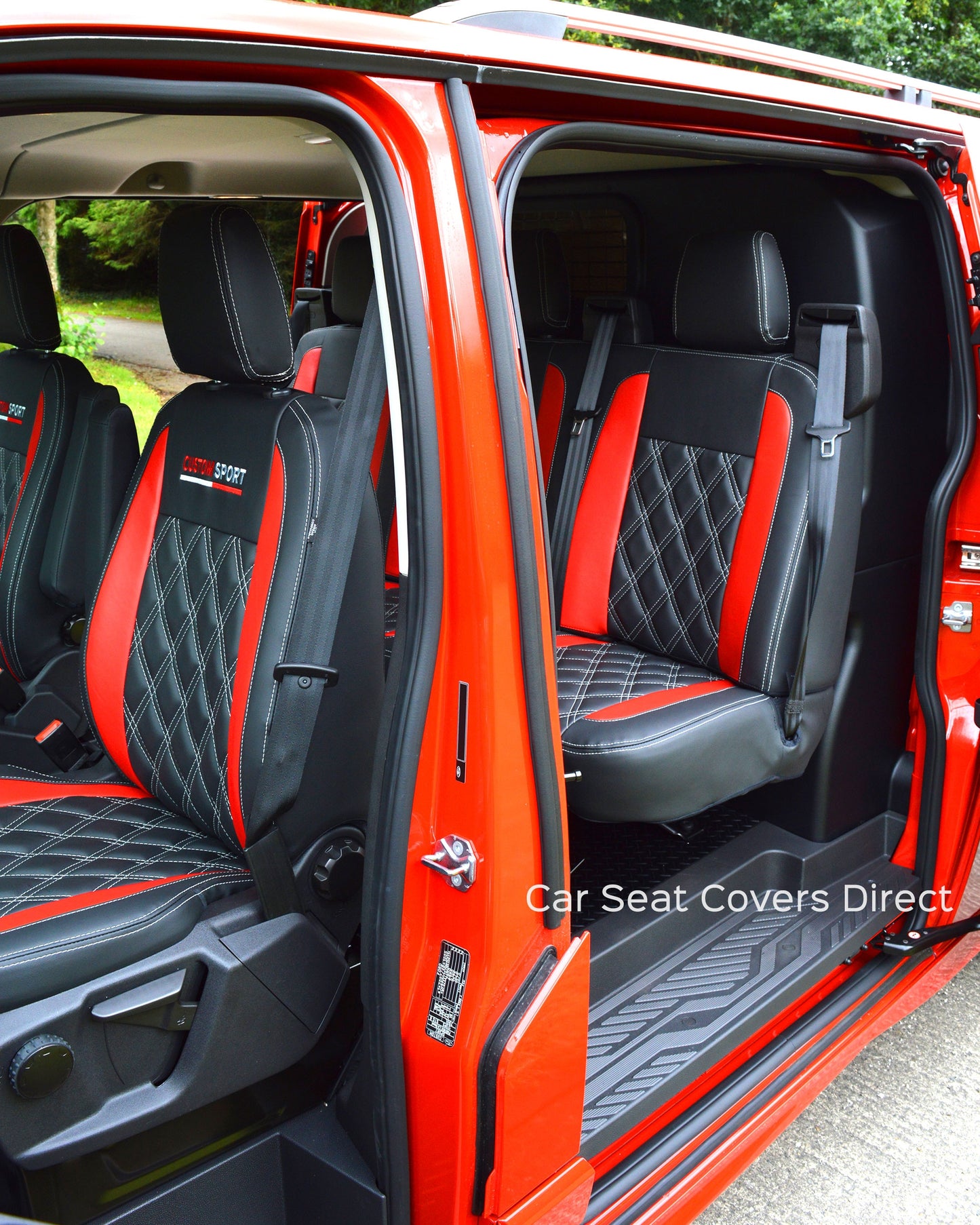 Ford Transit Sport Crewcab Tailored Seat Covers - Black & Red Leatherette Diamonds & Logos