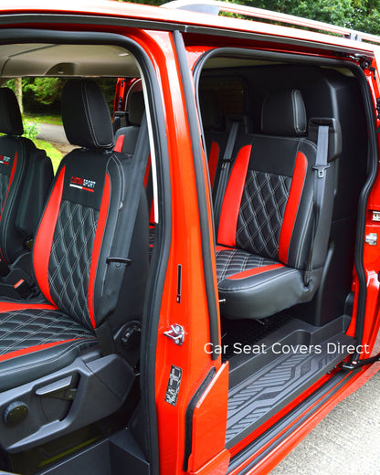 Ford Transit Sport Crewcab Tailored Seat Covers - Black & Red Leatherette Diamonds & Logos