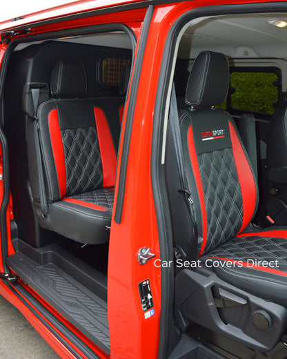 Ford Transit Sport Crewcab Tailored Seat Covers - Black & Red Leatherette Diamonds & Logos
