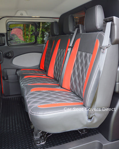 Ford Transit Sport Crewcab Tailored Seat Covers - Black & Red Leatherette Diamonds & Logos