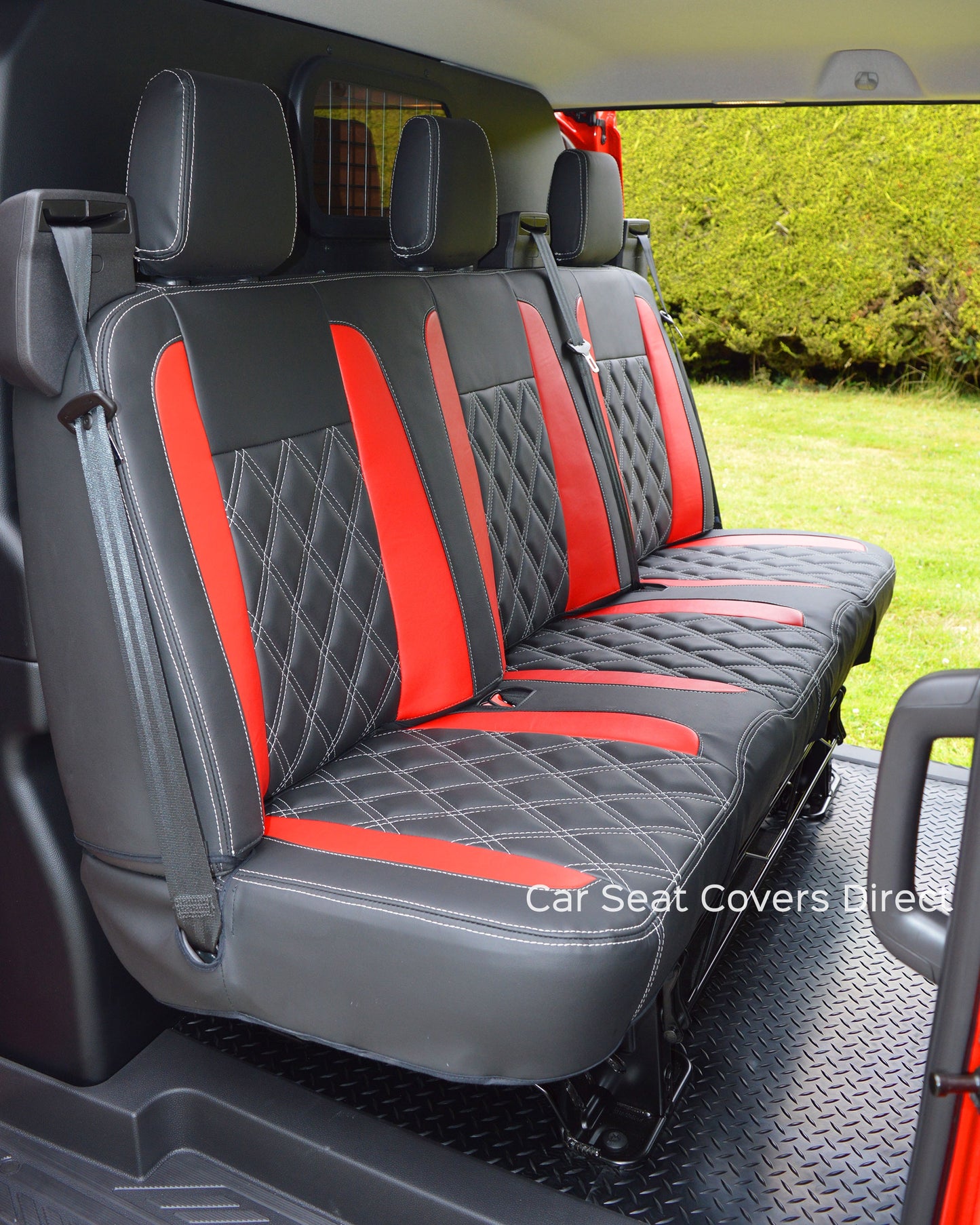 Ford Transit Sport Crewcab Tailored Seat Covers - Black & Red Leatherette Diamonds & Logos
