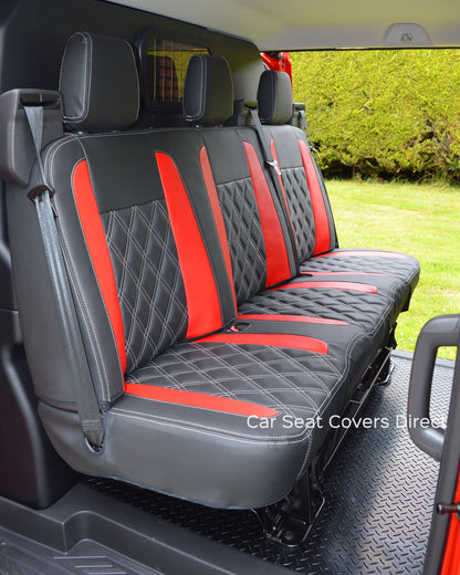Ford Transit Sport Crewcab Tailored Seat Covers - Black & Red Leatherette Diamonds & Logos