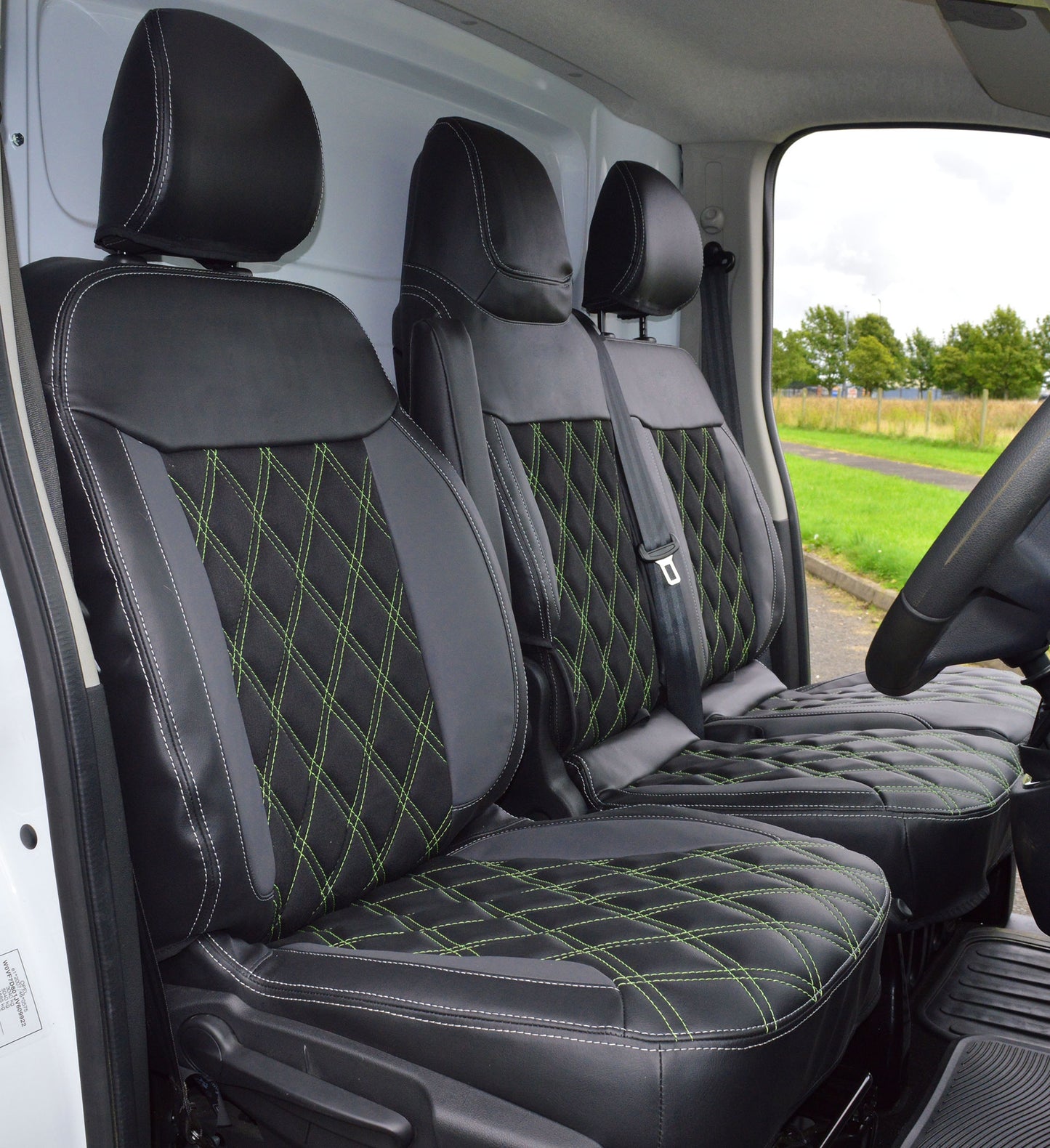 Vauxhall / Opel vivaro - Black Leatherette Covers With Citrus Green Double Diamond Stitching