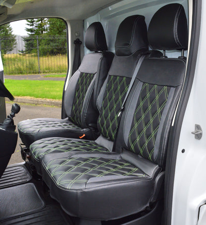 Vauxhall / Opel vivaro - Black Leatherette Covers With Citrus Green Double Diamond Stitching