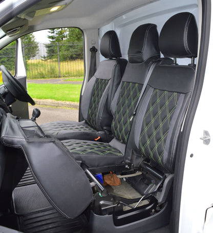 Vauxhall / Opel vivaro - Black Leatherette Covers With Citrus Green Double Diamond Stitching