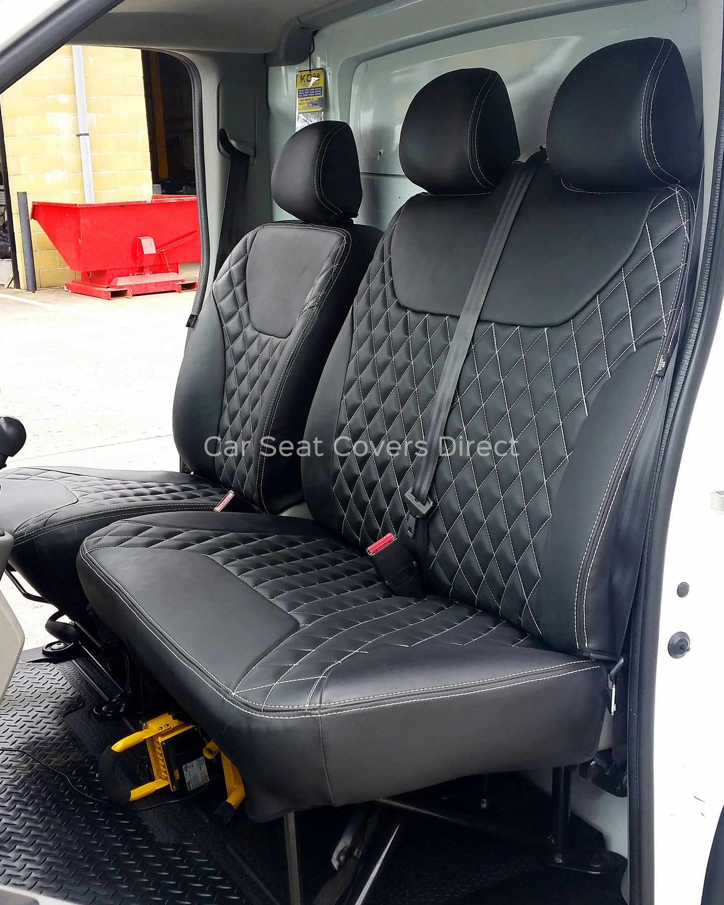 Opel Vivaro Seat Covers - Charcoal PVC Diamonds with White Double Top Stitching
