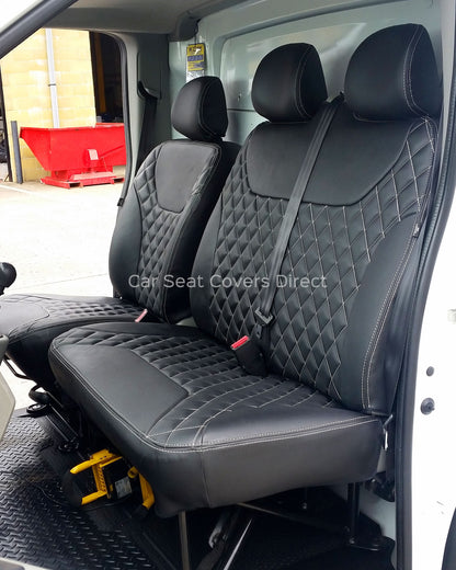 Opel Vivaro Seat Covers - Charcoal PVC Diamonds with White Double Top Stitching