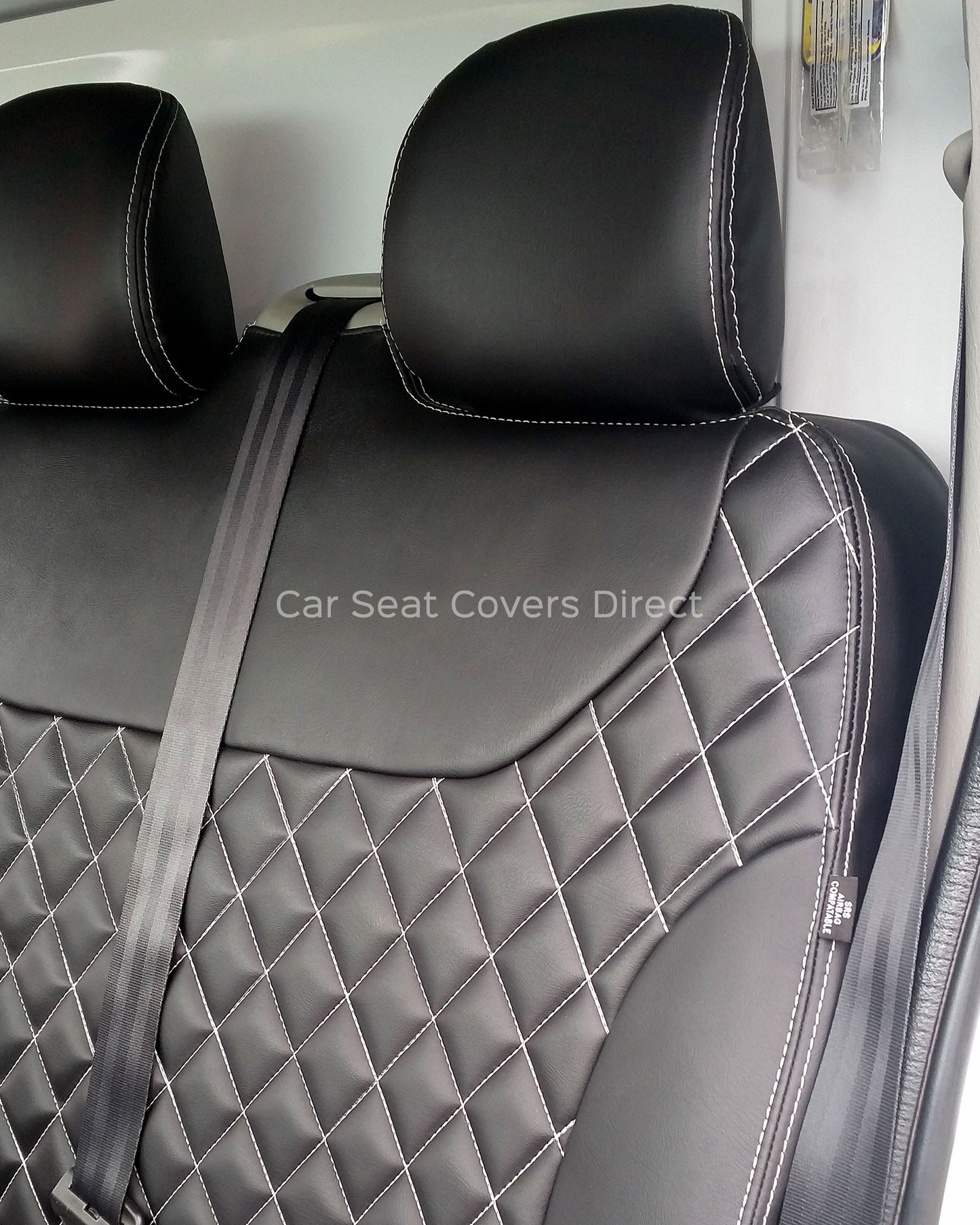 Opel Vivaro Seat Covers - Charcoal PVC Diamonds with White Double Top Stitching