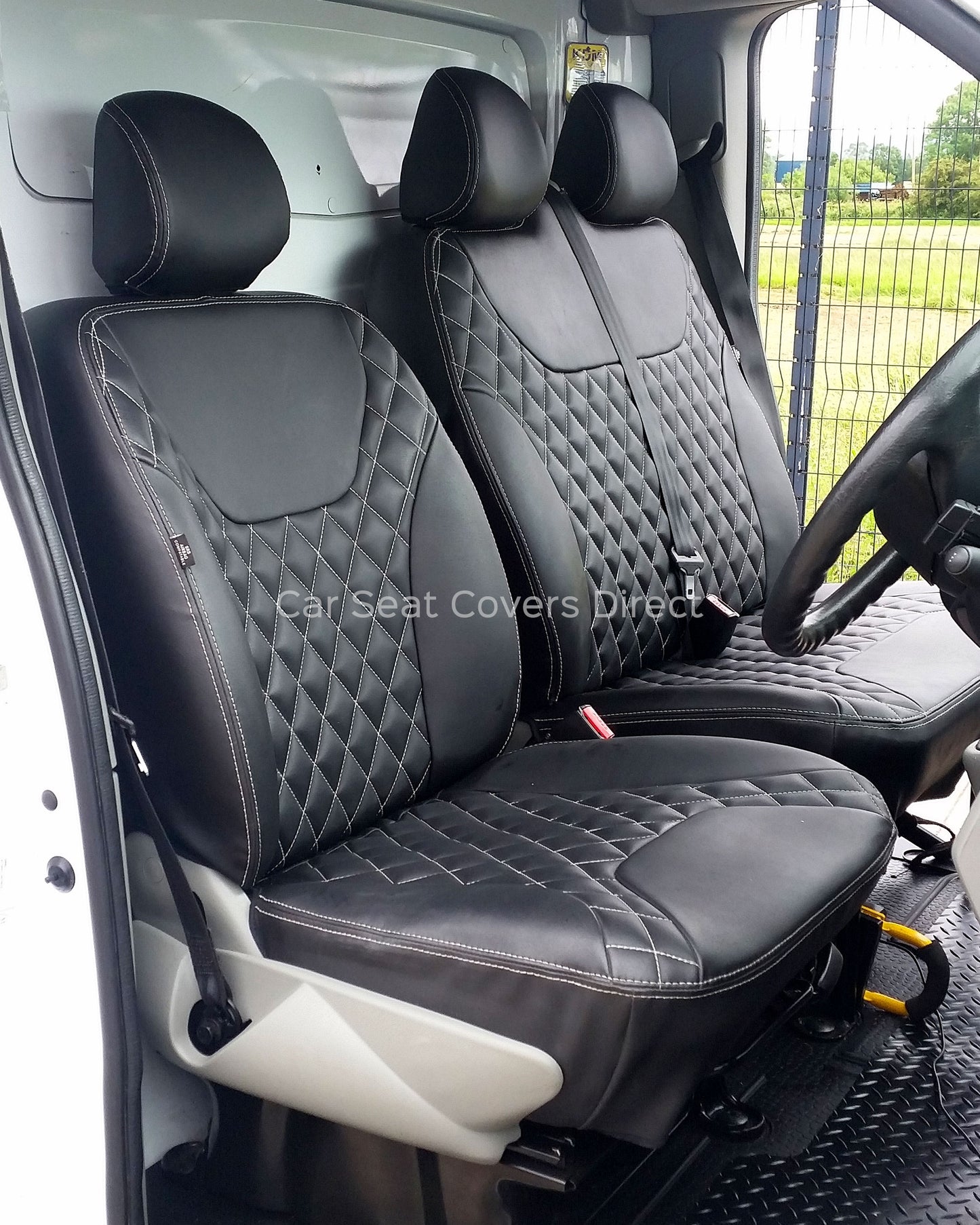 Opel Vivaro Seat Covers - Charcoal PVC Diamonds with White Double Top Stitching