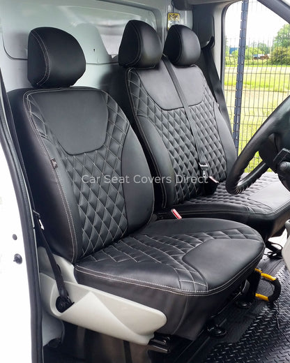 Opel Vivaro Seat Covers - Charcoal PVC Diamonds with White Double Top Stitching