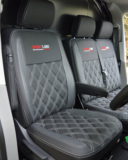 Volkswagen VW Transporter T6 Seat Covers - Charcoal & Modena Leatherette Diamonds with Sportline Logos