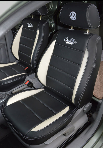 Volkswagen VW Caddy Van Seat Cover - Black With White Inserts And Double Logo