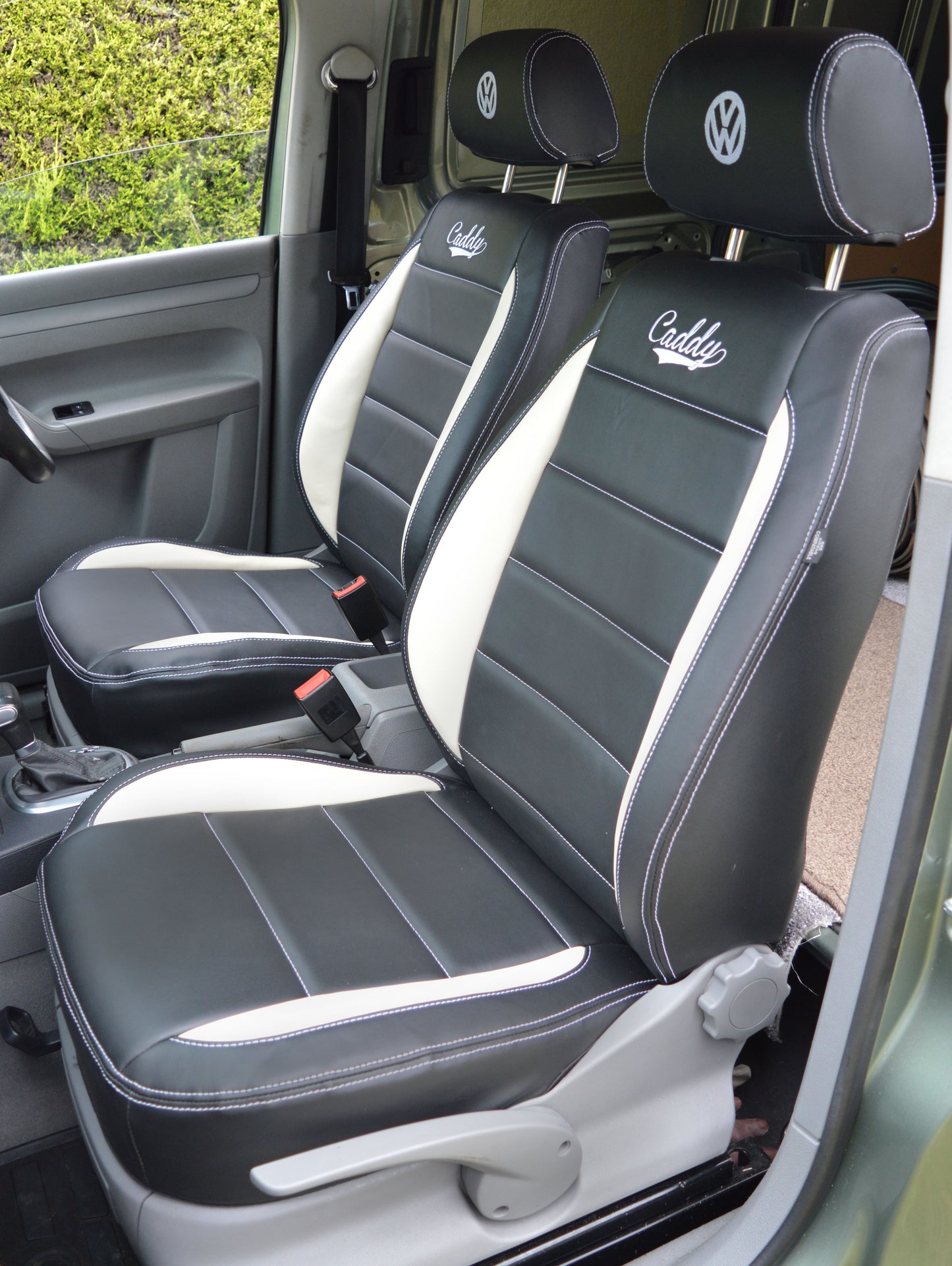 Volkswagen VW Caddy Van Seat Cover - Black With White Inserts And Double Logo