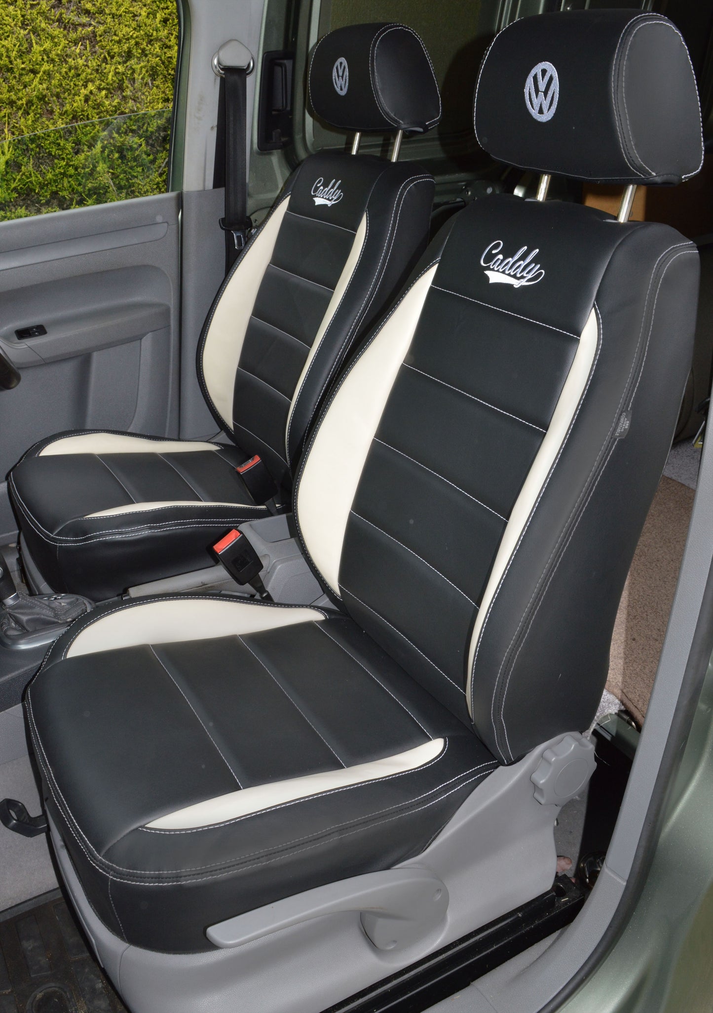 Volkswagen VW Caddy Van Seat Cover - Black With White Inserts And Double Logo