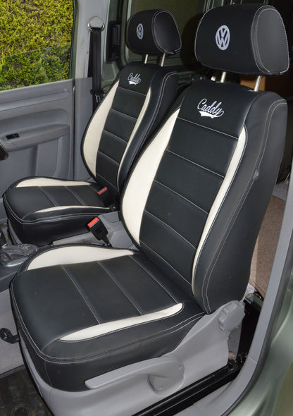 Volkswagen VW Caddy Van Seat Cover - Black With White Inserts And Double Logo