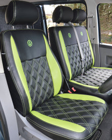 Volkswagen VW transporter T6 Seat Covers - Black & Citrus Green inserts Diamond stitched