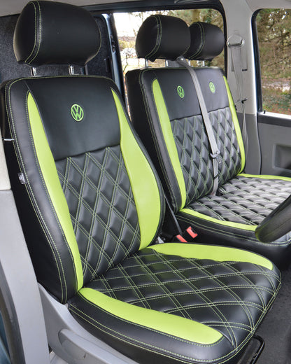 Volkswagen VW transporter T6 Seat Covers - Black & Citrus Green inserts Diamond stitched